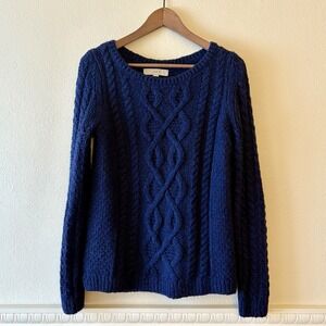 LOFT cable knit navy blue wool blend pullover sweater‎